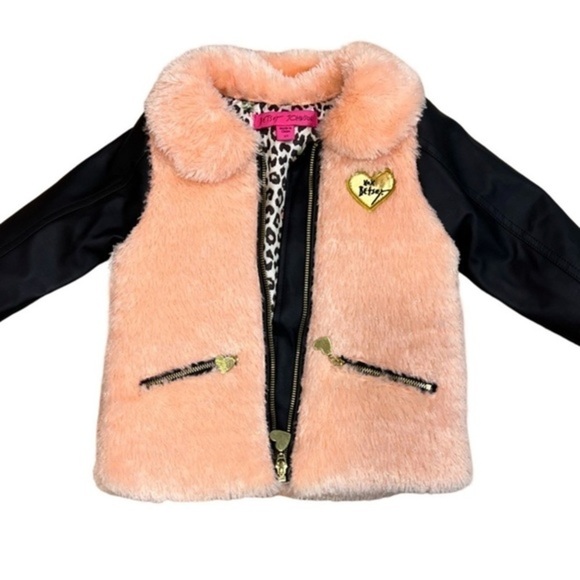 Betsey Johnson Fuzzy Sparkly Peach Coat with Faux Leather Sleeves - Picture 1 of 15